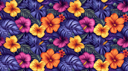 Fototapeta premium Creative seamless pattern featuring hand drawn tropical leaves and vibrant flowers ideal for fabric design or interior decor