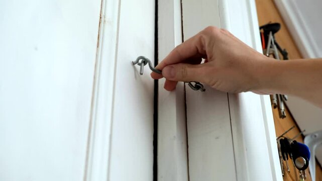 A person is currently opening a door with a hook in their hand