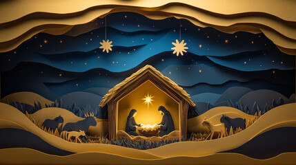 Paper cut art, paper shadow box style of the nativity scene with Mary and Joseph in an isolated manger surrounded by animals under a starry sky, rolling hills in the background