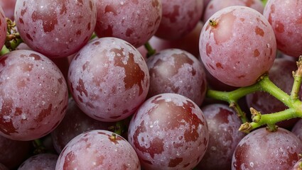 Fresh plump purple grapes on green stem juicy and vibrant with powdery bloom