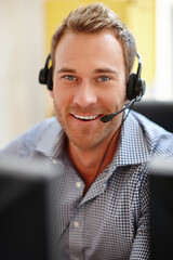 Virtual assistant, portrait or happy man in call center for consulting, online help or loan advice. Computer, confident consultant or CRM agent with smile for telemarketing or sales communication