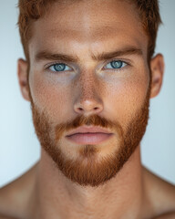 Fototapeta premium A striking portrait of a young man with a vibrant red beard and captivating blue eyes.