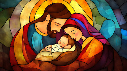 Stained glass window depicting the Nativity scene: Jesus, Mary, and Joseph with the baby Jesus in the cradle
