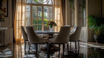 Obraz premium Elegant dining area with a round table, surrounded by chairs and natural light.