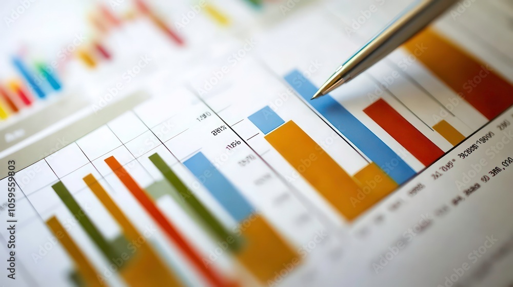Poster a silver pen points to a bar graph showing financial data and trends.