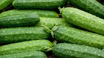 Fresh cucumbers with textured green skin and leafy tops glistening with dew
