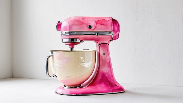 A bright pink kitchen mixer on a white countertop showcases its vintage charm and ready-to-use functionality for baking enthusiasts