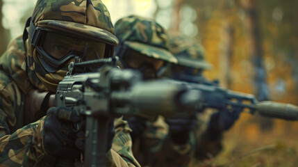 Fototapeta premium Soldiers in camouflaged uniforms aiming weapons.