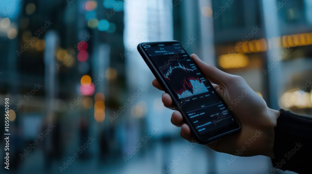 Poster A hand holds a smartphone displaying a stock market chart with a blurred city background.