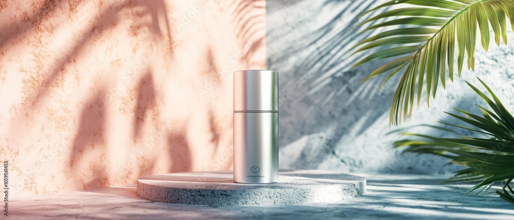 Poster silver bottle on round platform with palm tree shadows in the background.