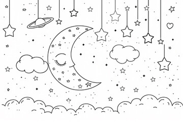 Obraz premium A whimsical black and white illustration of a crescent moon, clouds, and hanging stars, creating a dreamlike nighttime scene.