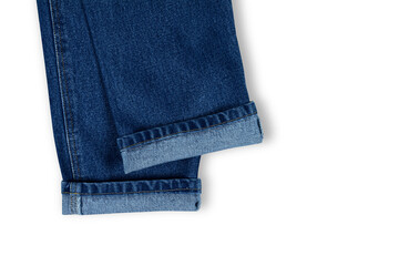 Close Up Of Denim Jeans Bottom Folded Isolated On White Background.