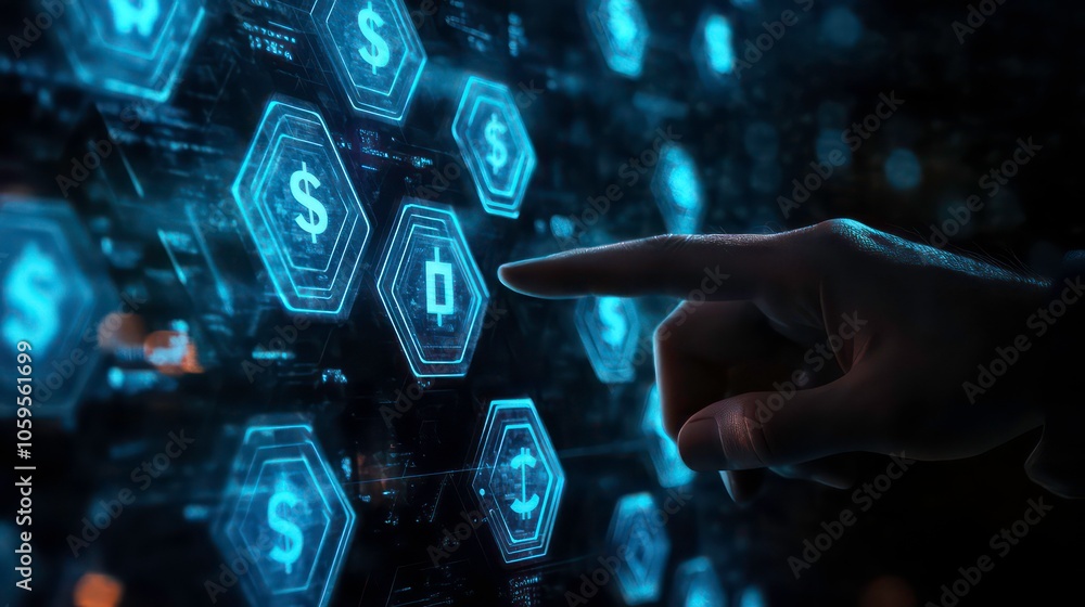 Poster digital touch screen with a finger pointing at blue hexagon shapes containing dollar signs and money