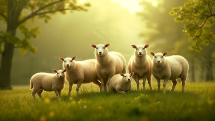Fototapeta premium A Serene and Peaceful Scene of Sheep Standing on a Grove of Trees Depicting Rural Harmony