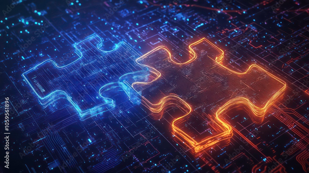 Poster two glowing puzzle pieces fit together on a circuit board background.