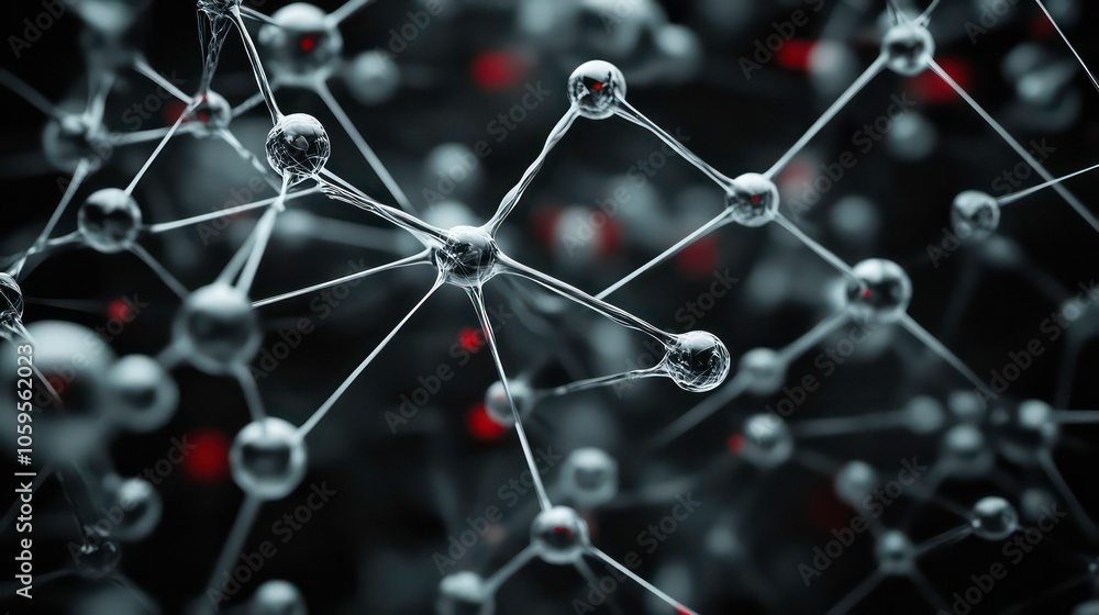 Poster Digital red background. Black and white plexus. Data visualization with compounds (big data). Science background.