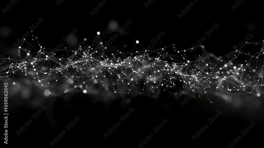 Poster abstract black background with a white glowing line of connected dots.