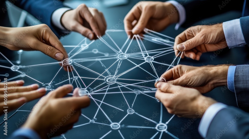 Aufkleber collaborative hands connecting a network of lines, symbolizing teamwork and connectivity.