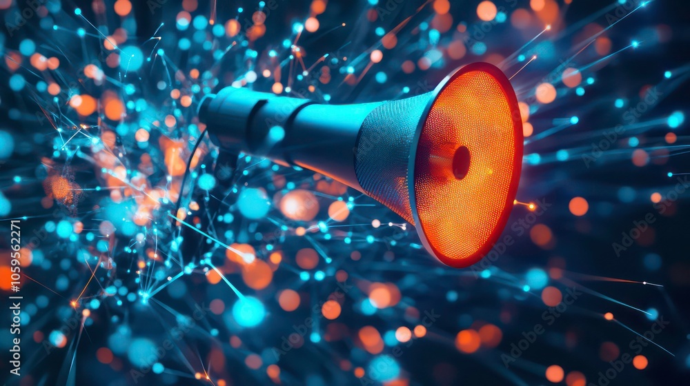 Poster A megaphone surrounded by a network of glowing lines and dots, representing the spread of information and communication.