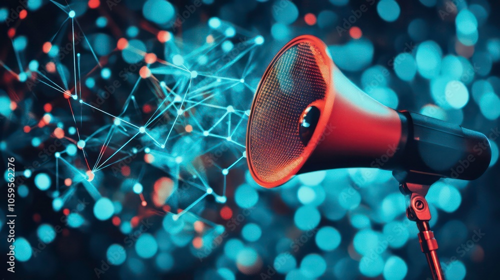 Poster a red megaphone with a blue and red bokeh background and a blue and red line network connection.