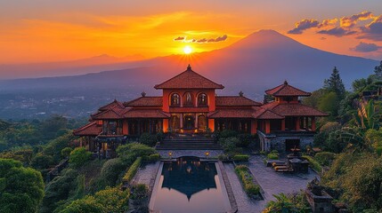 Obraz premium A traditional Balinese style house with a swimming pool in the foreground, set against a backdrop of a mountain range and a sunset.