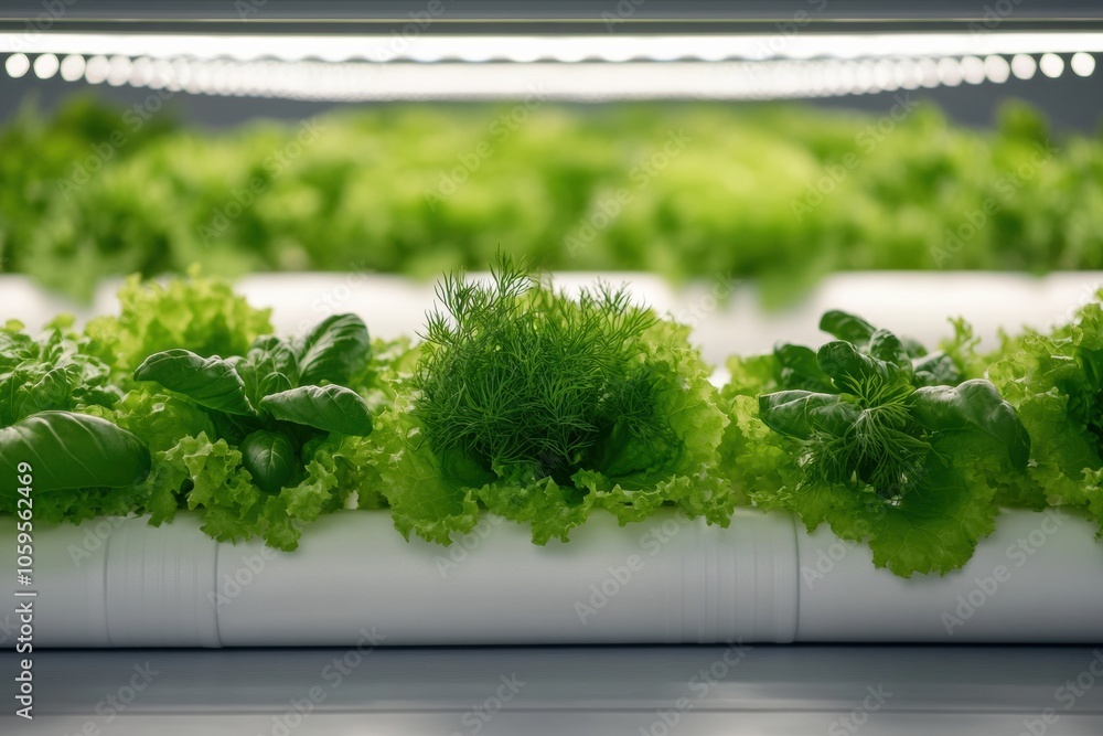 Poster Lettuce, dill, and basil flourish in a hydroponic setup, receiving ample light while growing in nutrient-rich water systems. Generative AI