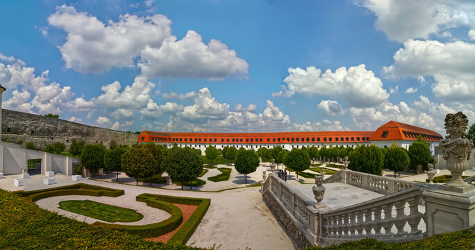 Panoramic view of the vast baroque gardens on a bright summer day, Bratislava Castle, Slovakia