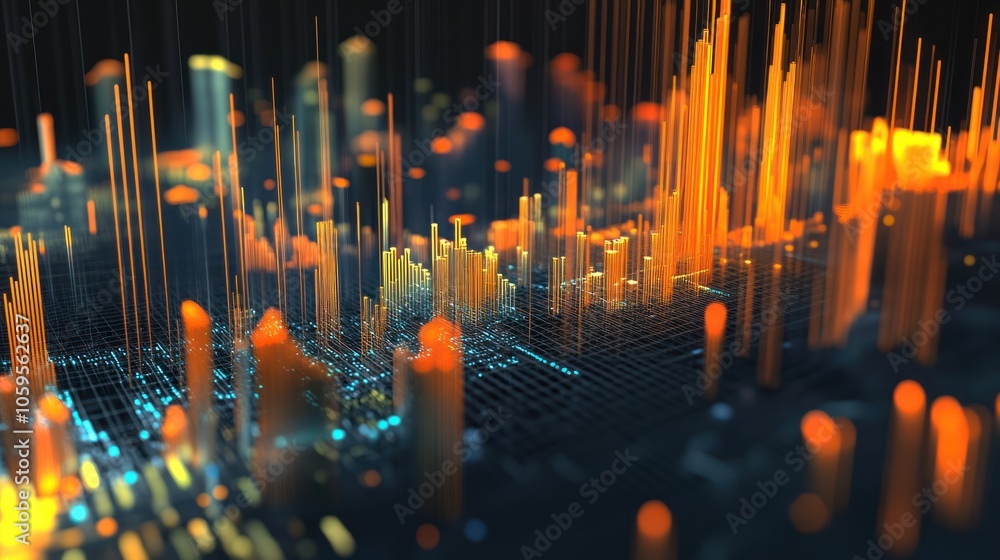 Poster abstract data visualization with vibrant peaks and soft lighting.