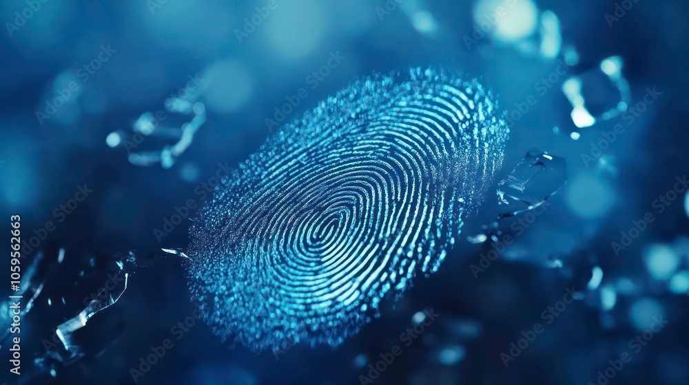 Poster digital fingerprint on glass surface in soft blue light. concept of security and identification in t