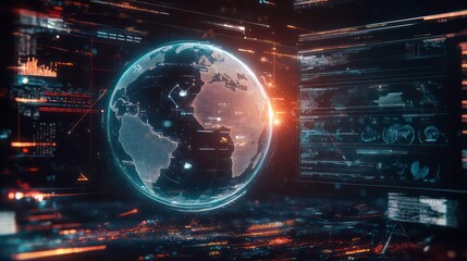 Fototapeta premium Digital hud with icons, global connection, and Earth sphere