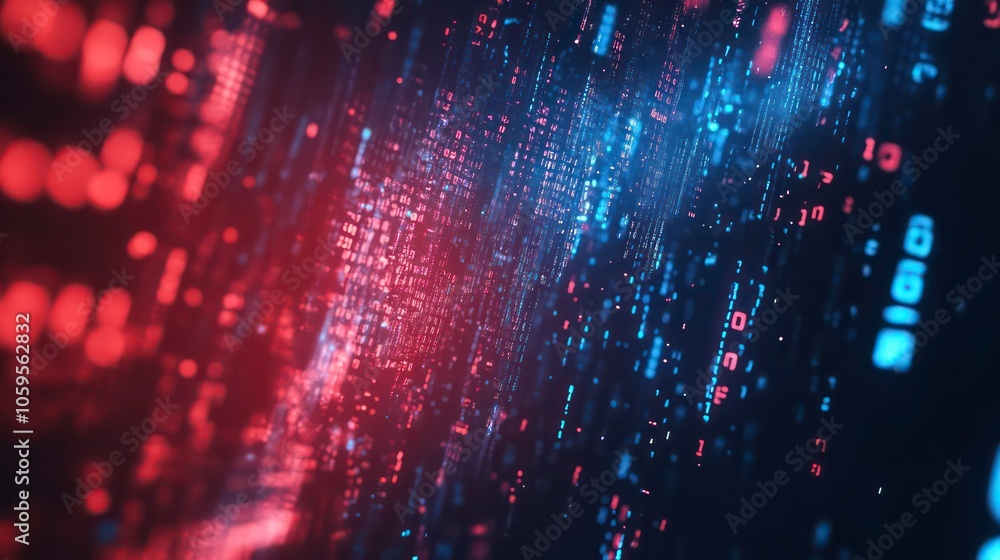 Aufkleber Abstract digital binary code background with red and blue glowing lights.