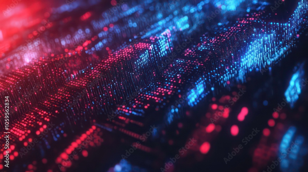 Poster abstract digital landscape with red and blue glowing dots and lines.