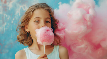 Girl Enjoying Colorful Cotton Candy at a Fair A Sweet Delight Captured