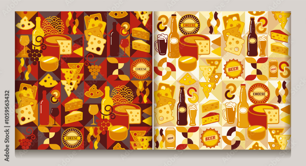 Poster set of seamless patterns with icons of cheese, beer, wine, abstract shapes in flat simple geometric 