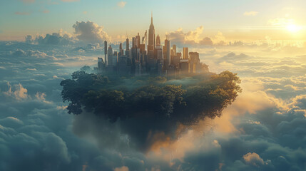 Naklejka premium Floating city surrounded by clouds at sunrise, with mystical lighting, Generative AI