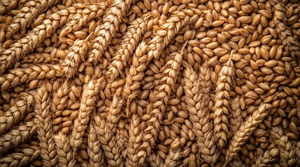 Wheat grain background with a close-up of wheat grains and an on top, in a flat lay
