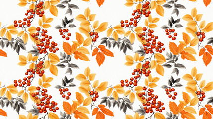 Obraz premium Seamless autumn pattern featuring vibrant leaves and rowan berries on a white background perfect for home textiles and wallpaper design