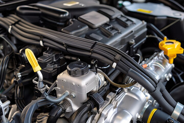 Fototapeta premium Detailed view of a contemporary vehicles engine bay containing b