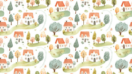 Fototapeta premium Whimsical seamless pattern featuring hand drawn watercolor cottages trees and roads perfect for countryside themed designs