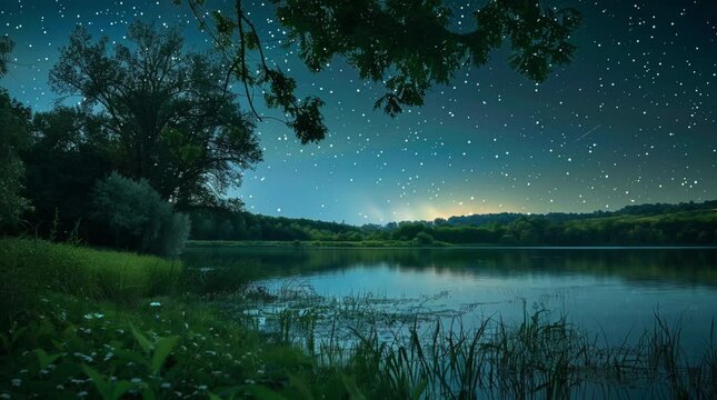 Serene lake in a dark forest at night, reflecting moonlight and surrounded by quiet trees
Seamless looping 4k time-lapse virtual video animation Generated AI