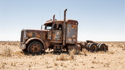 Desolate landscape with rusted abandoned tractor trailer in dusty field
