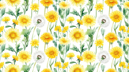 Fototapeta premium Seamless watercolor pattern featuring delicate dandelions and foalfoot in yellow green and white ideal for fashion fabric and home textiles