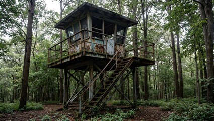Rusty fire watchtower in dense forest moss covered stairs cracked windows shadowed by tall trees