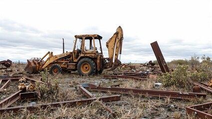 Fototapeta premium Abandoned construction site with rusted machinery and overgrown weeds under a cloudy sky