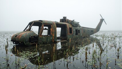 Abandoned helicopter wreck in swamp with foggy backdrop