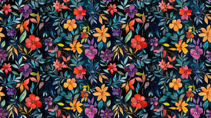 Watercolor pattern featuring delicate leaves and vibrant flowers ideal for textiles and home decor