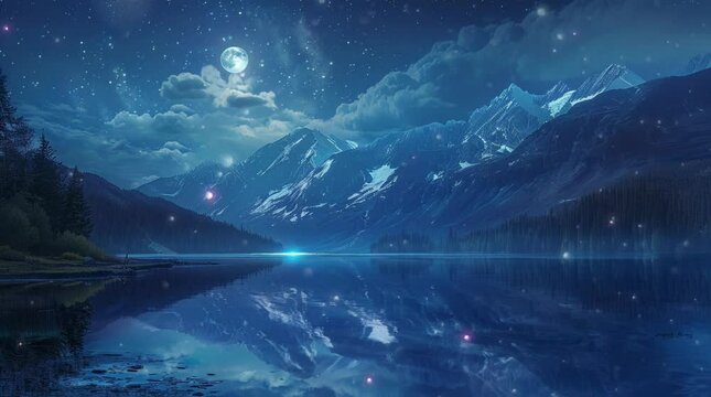 Tranquil lake under a starry sky with a magical glow, creating a serene fantasy night scene
Seamless looping 4k time-lapse virtual video animation Generated AI