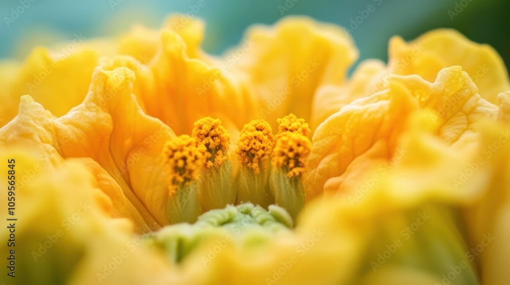 Poster Bright yellow squash flowers display their vivid petals and reproductive structures in a lush garden setting in the springtime sunlight. Generative AI