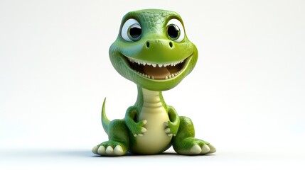 Fototapeta premium A cute green cartoon dinosaur with big eyes and a wide smile sits on a white background.