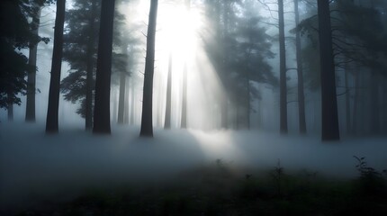 Fototapeta premium Misty Forest with Sunlight Rays